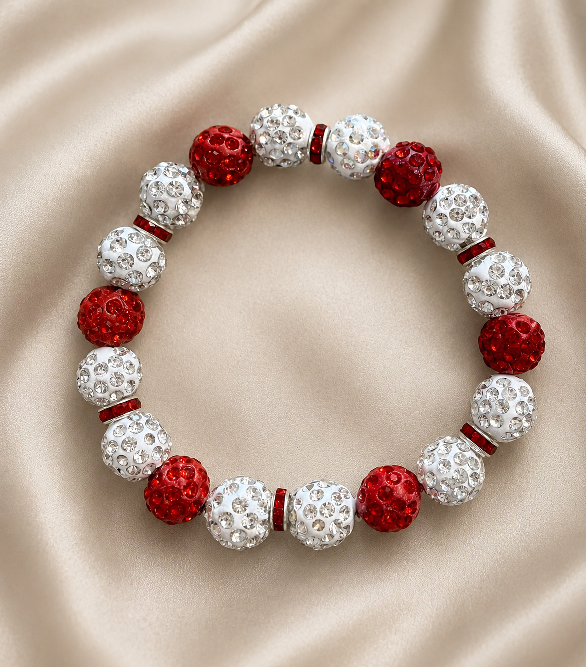 Red and White Shamballa Stretch Bracelet