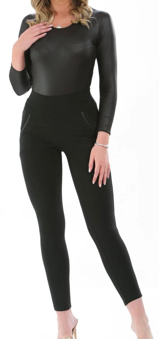 Jill - Black Full Length Leggings with Trimmed Pockets