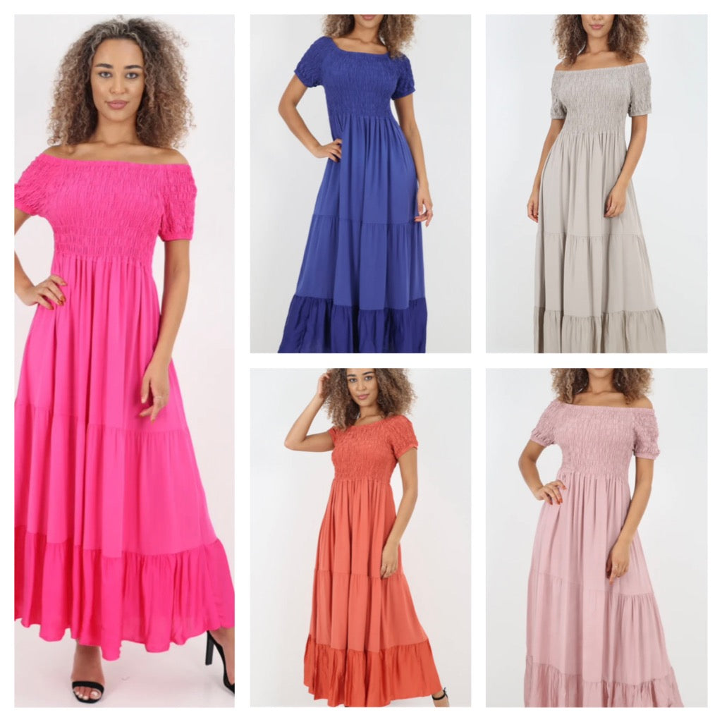 Morocco - Shirred Bodice and Tiered Maxi Dress - 5 Colours