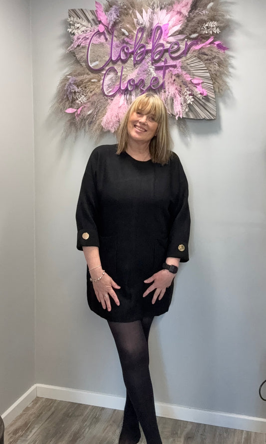 Black Front Seam Pocket Tunic Dress