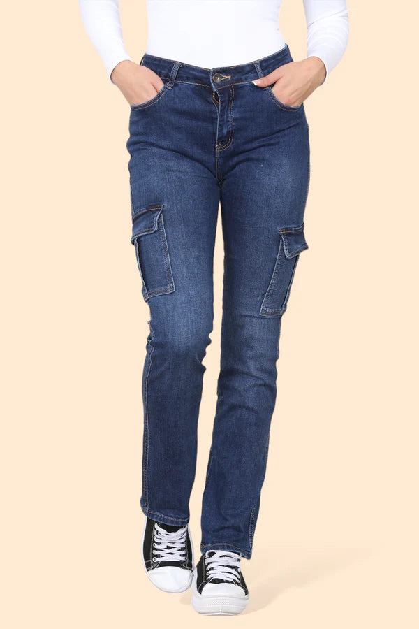 Voggo Dark Wash Cargo Pocket Cotton Stretch Jeans