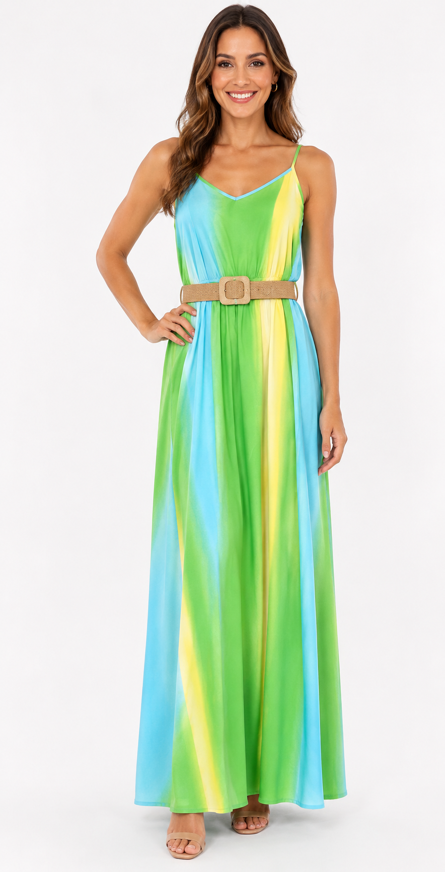Woman wearing a colorful striped dress on a white background