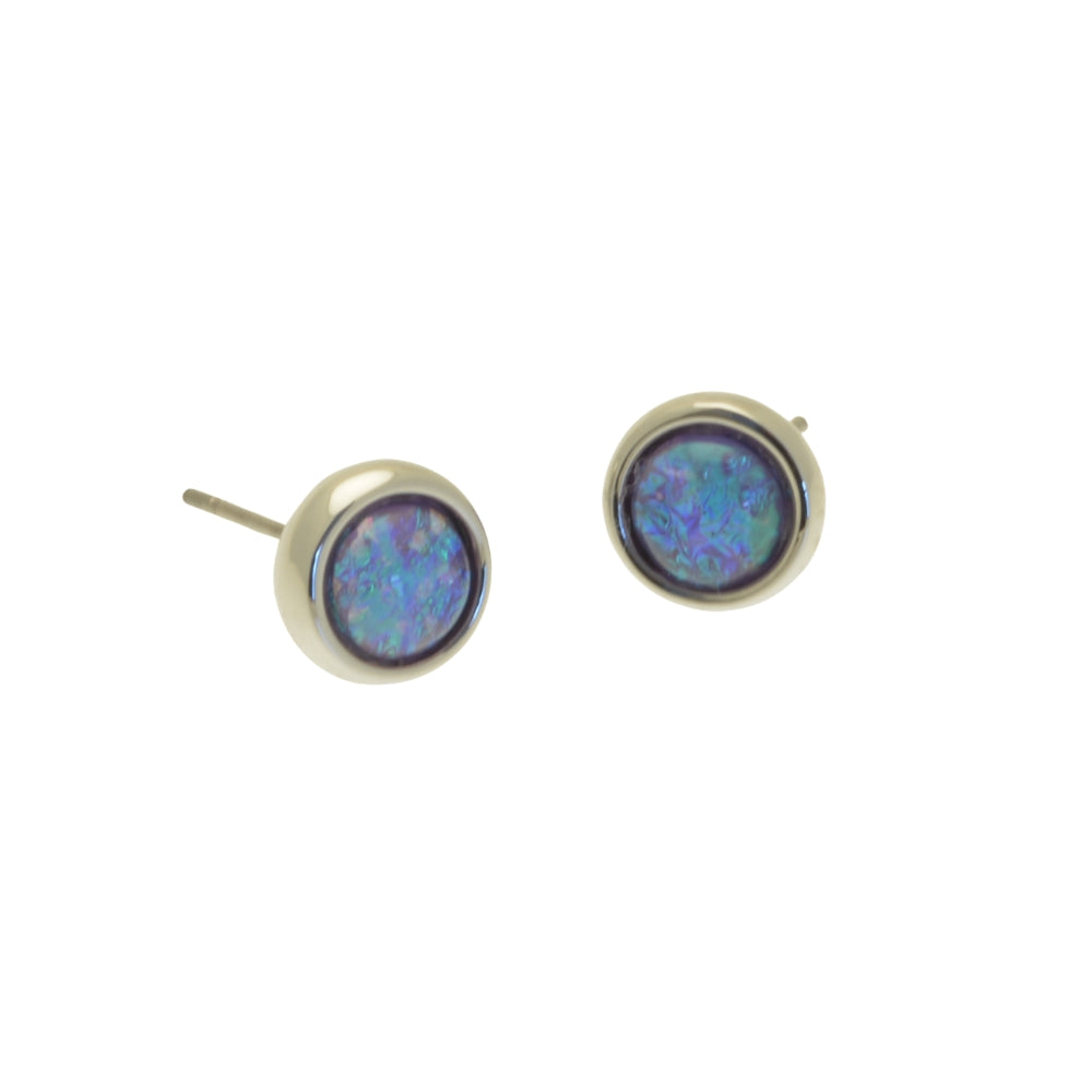 Pair of round opal stud earrings on a white background