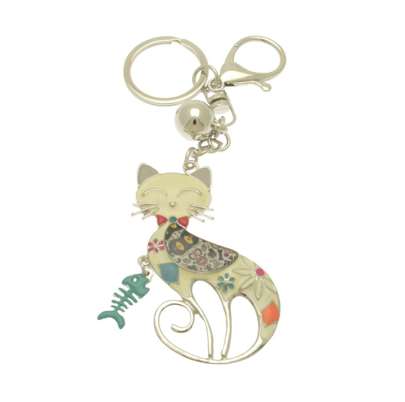 Cat-shaped keychain with floral patterns on a white background