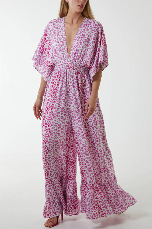 Fearless Neon Pink Leopard Print Wide Leg Jumpsuit