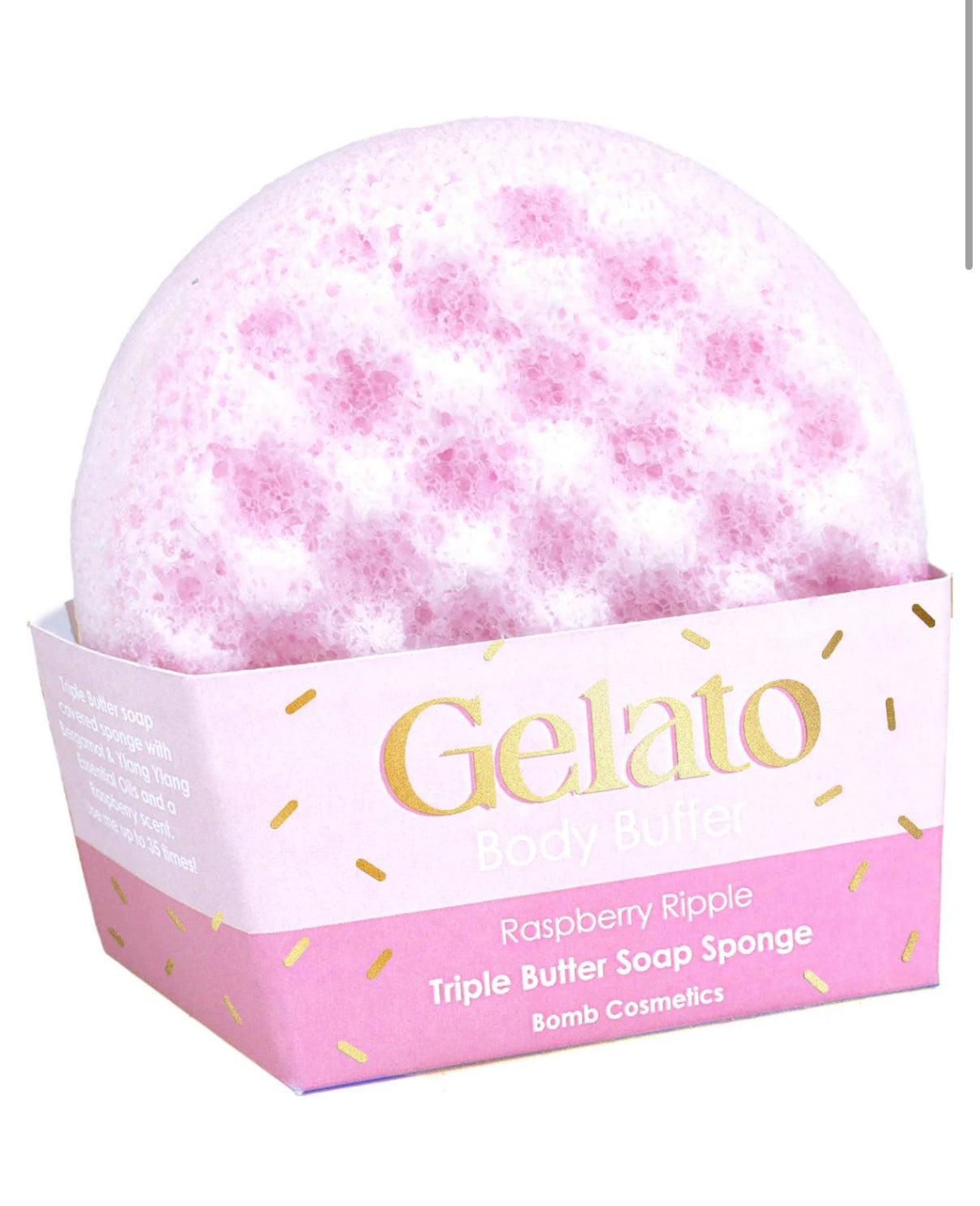 A packaged Raspberry Ripple Gelato body buffer sponge with a pink and white design, indicating it is a product designed for exfoliating and moisturizing the skin.