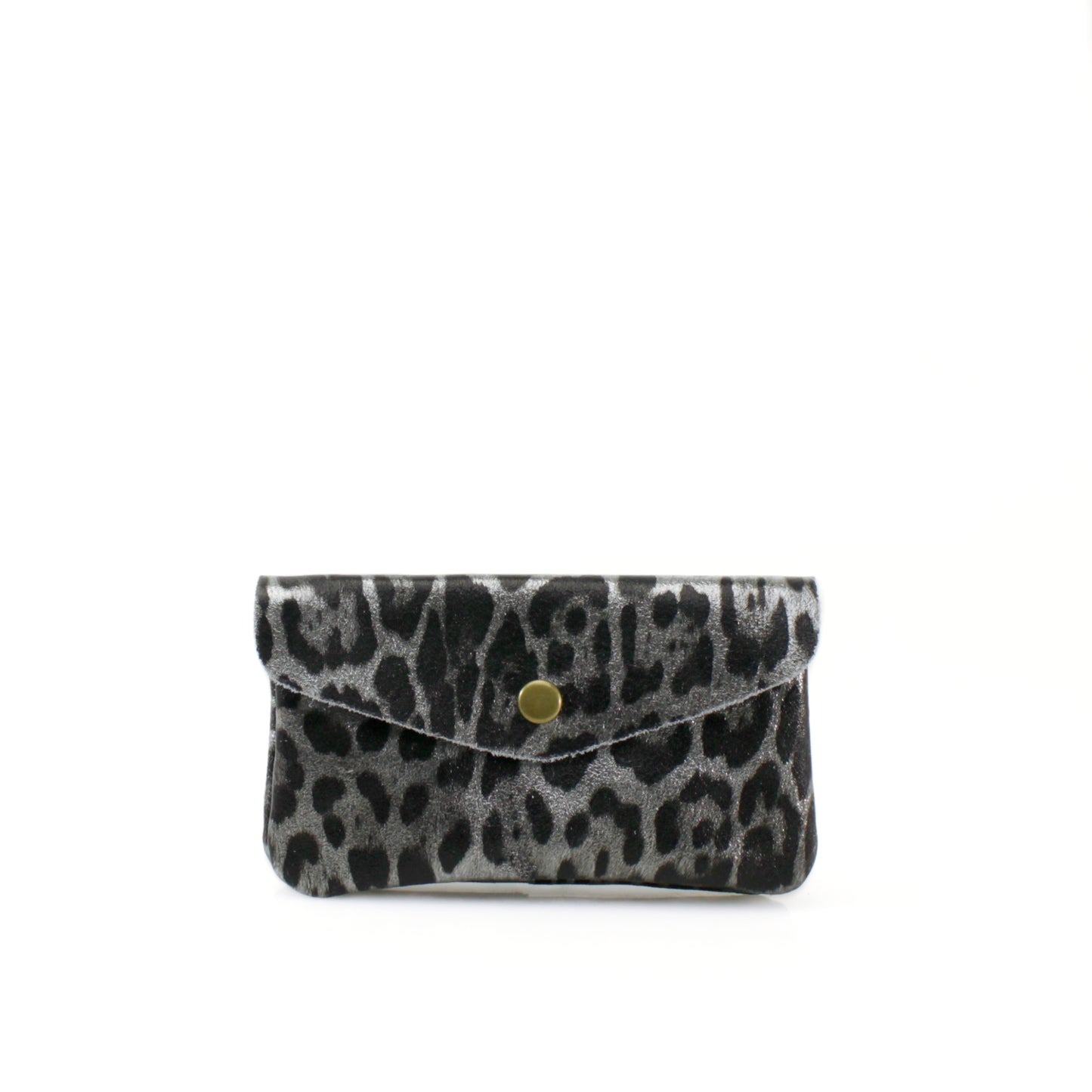 Silver Leopard print leather purse with a gold button on a white background