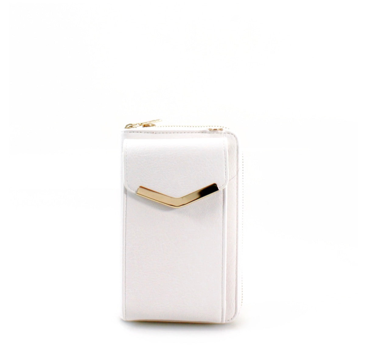 White bag with gold accents on a white background