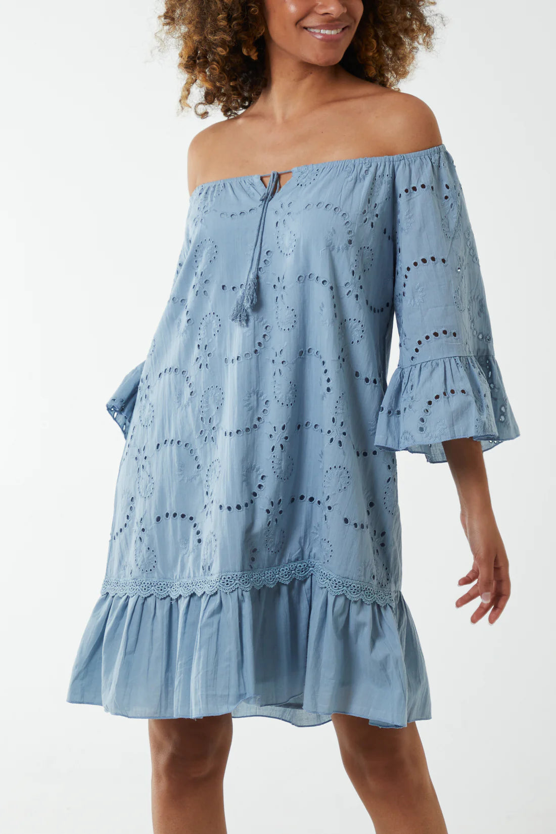 Woman wearing Blue Broderie Anglaise Bardot Dress