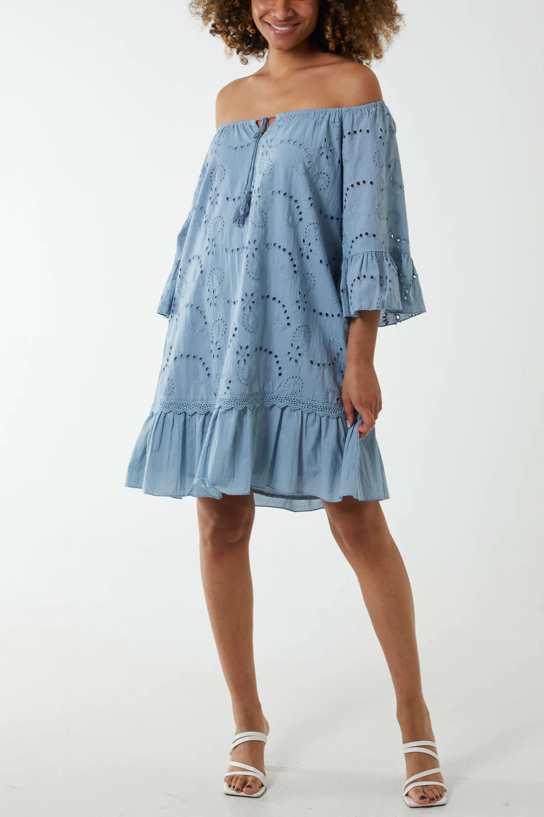 Woman wearing Blue Broderie Anglaise Bardot Dress