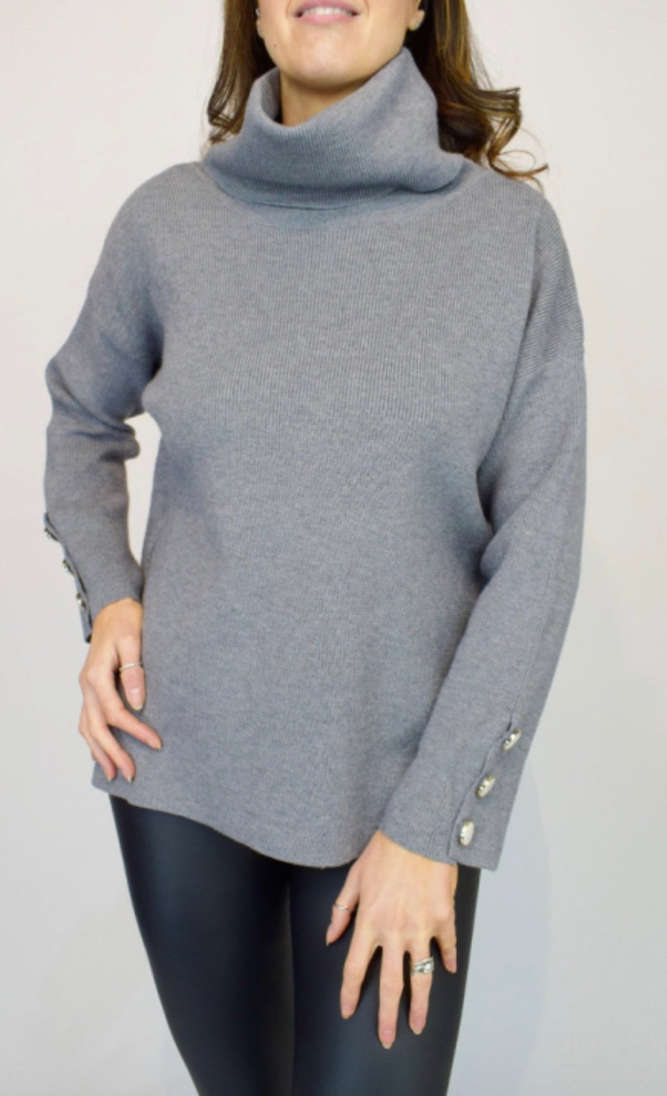 Woman wearing Button Cuff Oversize Roll Neck Grey Jumper