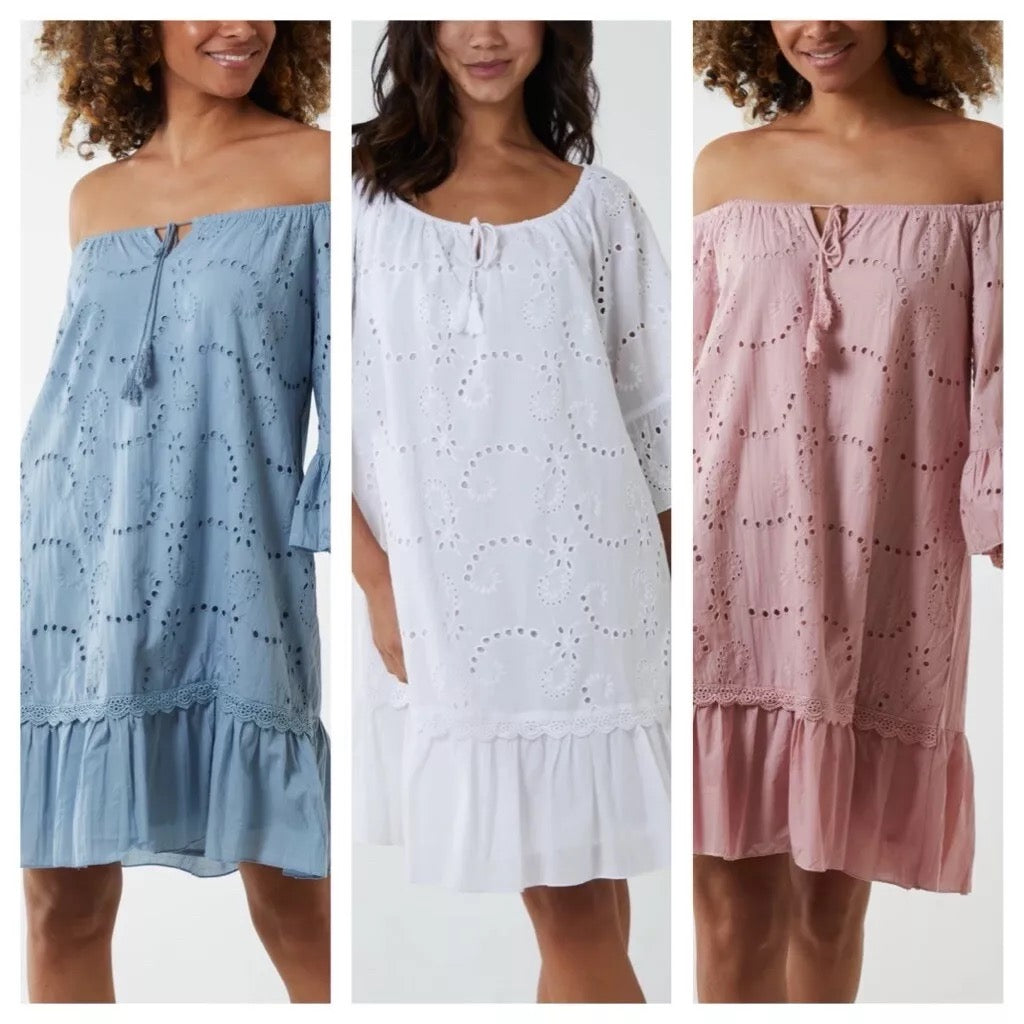 Collage of Woman wearing Broderie Anglaise Bardot Dress in Blue, White or Pink