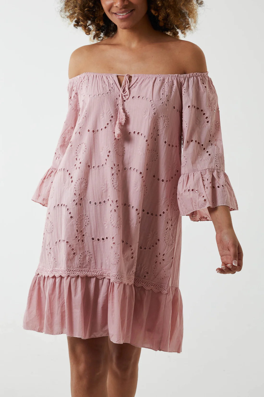 Woman wearing Pink Broderie Anglaise Bardot Dress