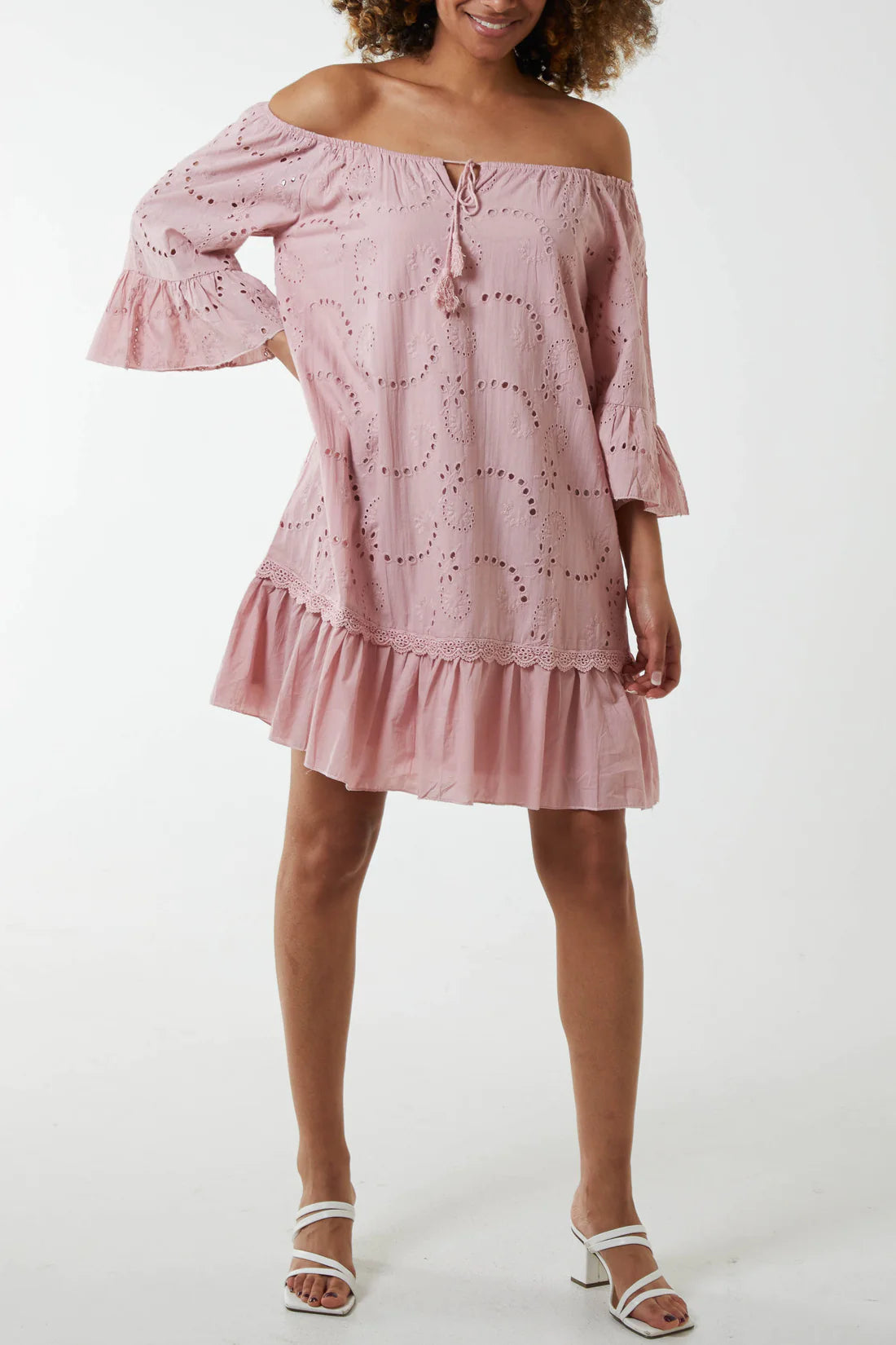 Woman wearing Pink Broderie Anglaise Bardot Dress