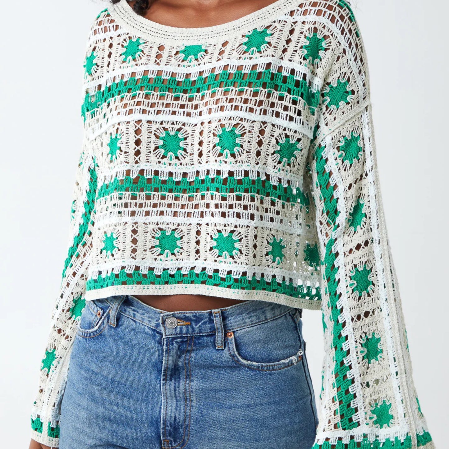 Green and White Crochet Top with Flare Sleeves