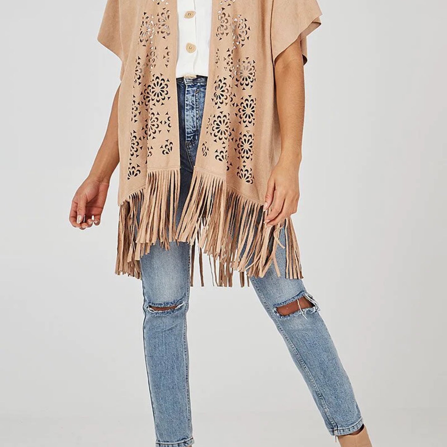 Madison - Suede Look Floral Cut Out Fringe Cardigan - Beige