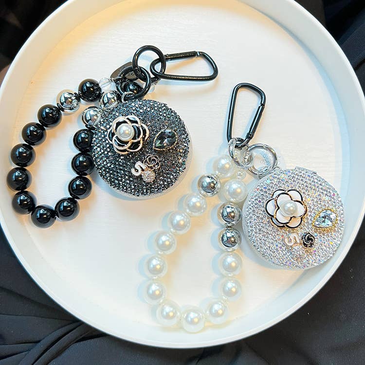 Silver Beaded Round Camelia Keychain with Mirror