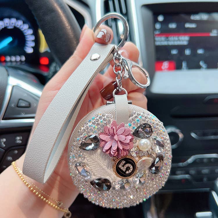 Cream Beaded Round Camelia Keychain with Mirror