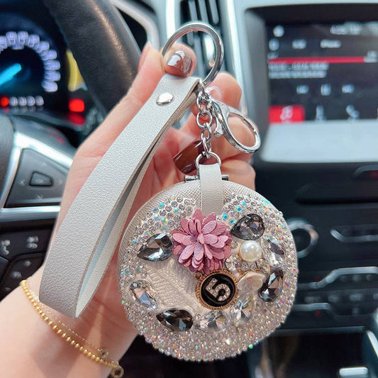 Cream Beaded Round Camelia Keychain with Mirror