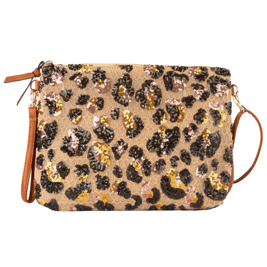 Textured Straw Clutch with Shimmering Leopard Sequins