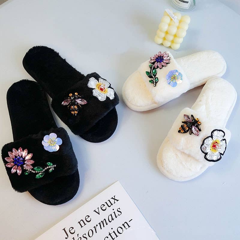 Crystal flowers and bee embellished slippers in Cream