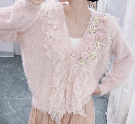 Pink Faux Fur Cardigan with Side Sparkling Flowers