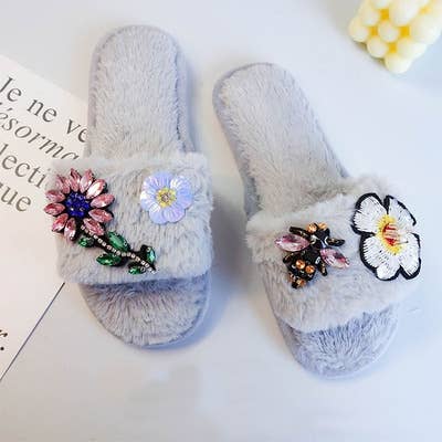 Crystal flowers and bee embellished slippers in Grey