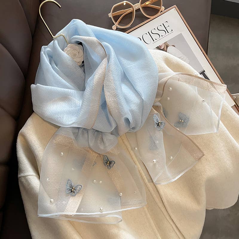 Blue Silk Scarf with Embroidered Butterflies & Pearls