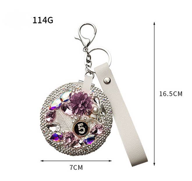 Silver Beaded Round Camelia Keychain with Mirror