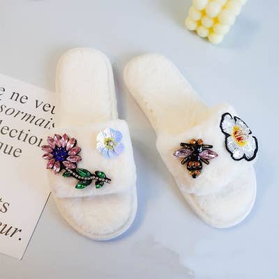 Crystal flowers and bee embellished slippers in Cream