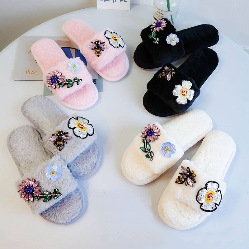 Crystal flowers and bee embellished slippers in Grey
