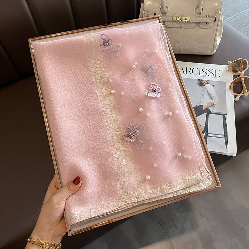 Pink Silk Scarf with Embroidered Butterflies & Pearls