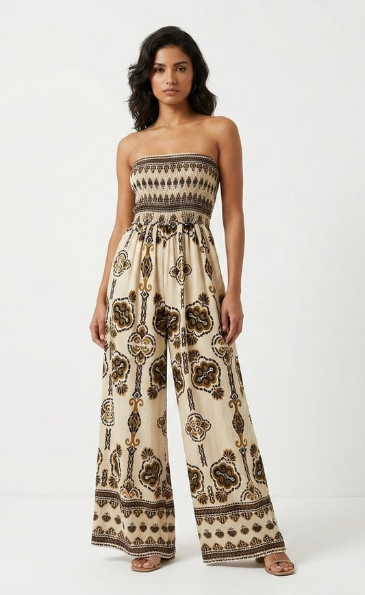 Beige and Brown Tribal Print Wide Leg Jumpsuit