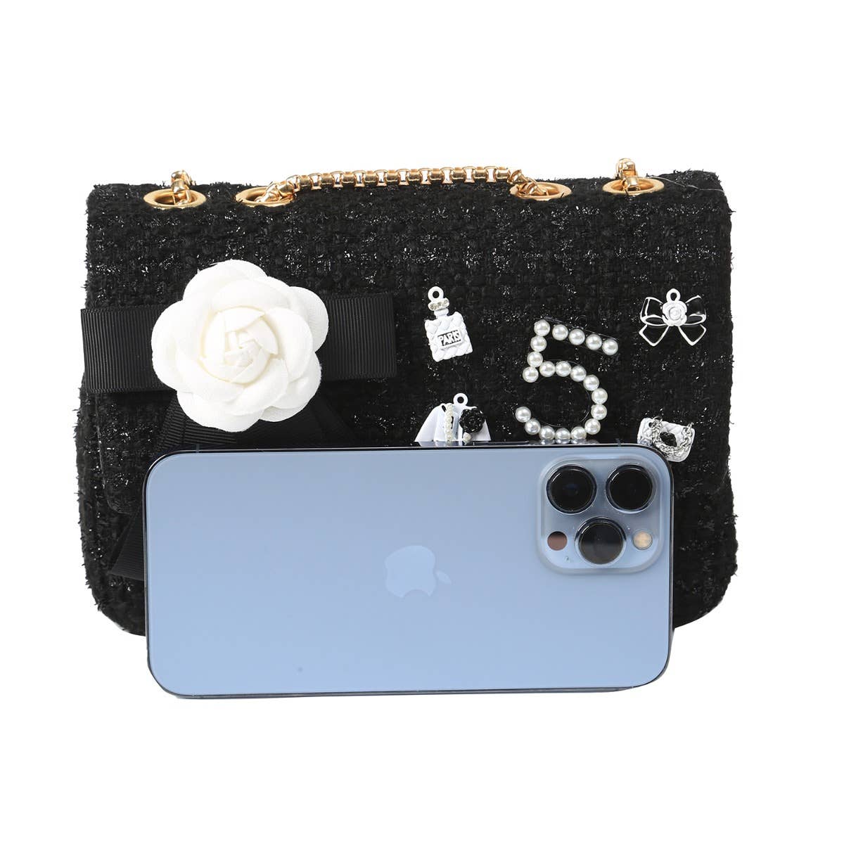 Jewelled Tweed Handbag in Black