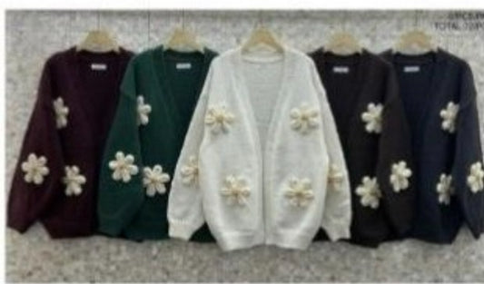Edge to Edge Open Front 3D Daisy Flower Cardigan
