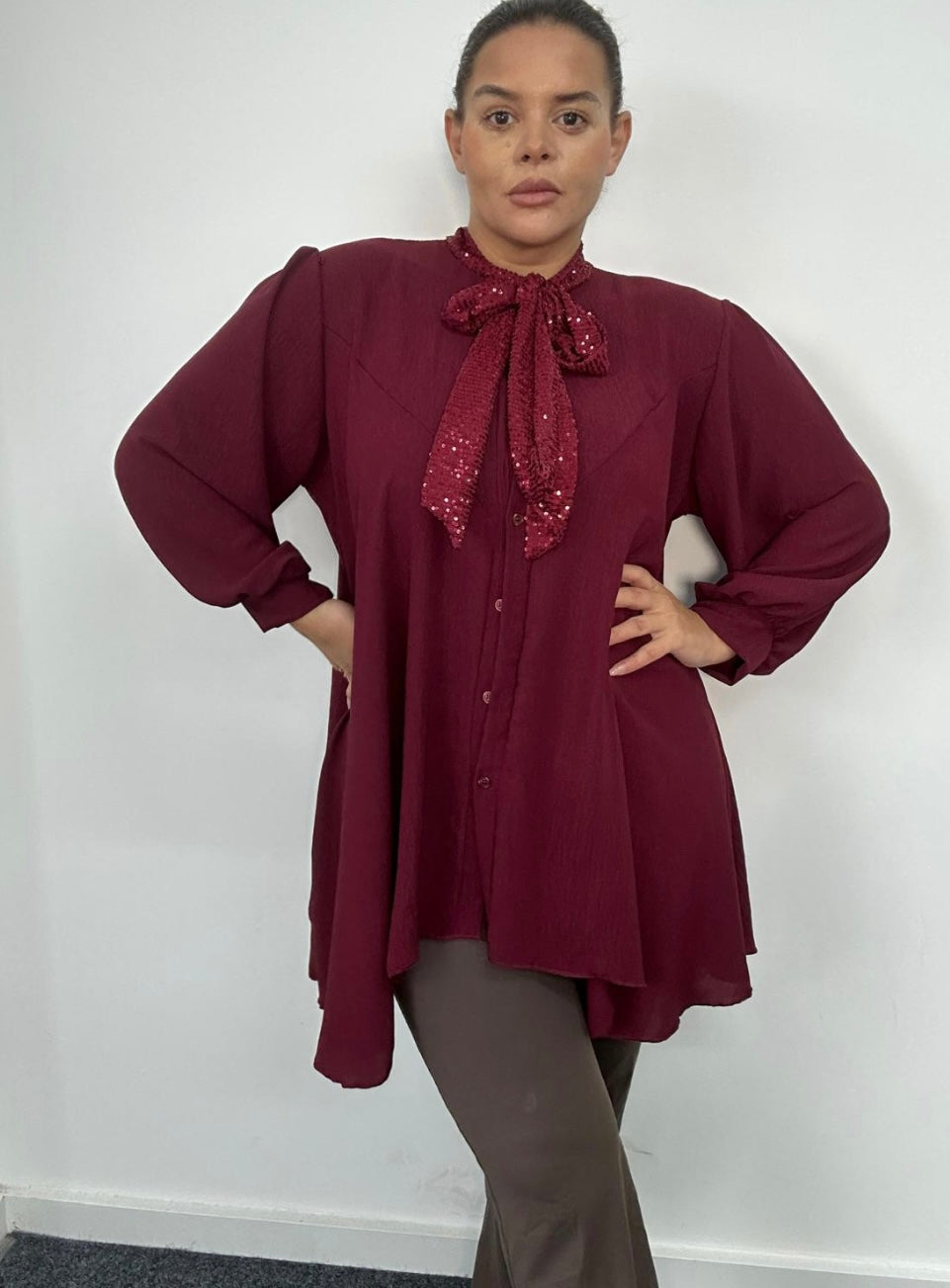 Plus Size Sequin Pussybow Blouse