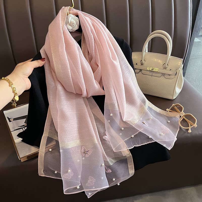 Pink Silk Scarf with Embroidered Butterflies & Pearls