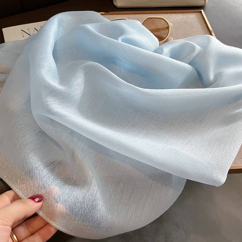Blue Silk Scarf with Embroidered Butterflies & Pearls