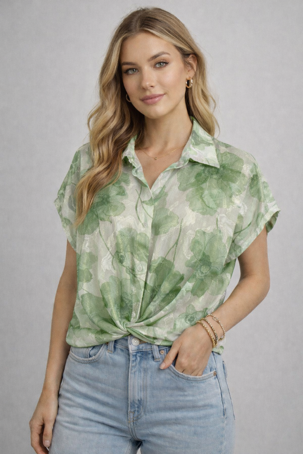 Floral Shimmer Silky Tie Button Blouse