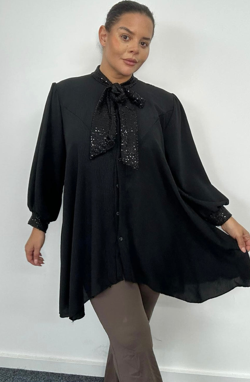 Plus Size Black Sequin
Pussybow and Sequin Cuff Blouse