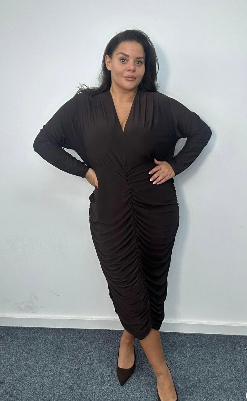 Plus Size Brown Ruched V Neck Midi Dress