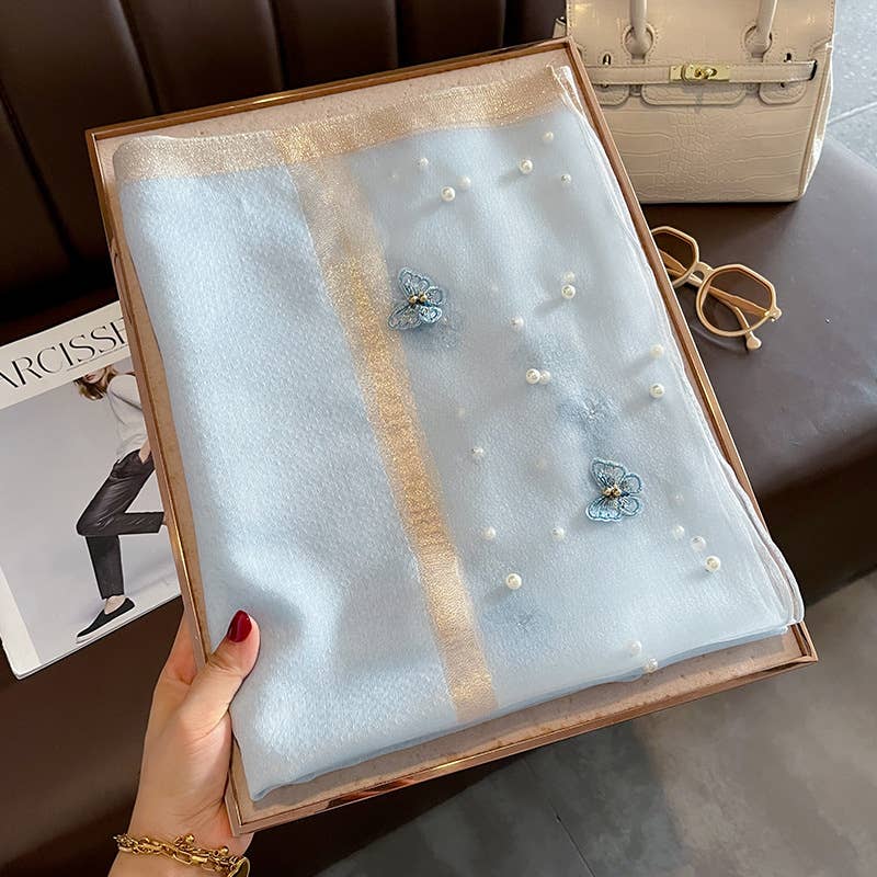 Blue Silk Scarf with Embroidered Butterflies & Pearls