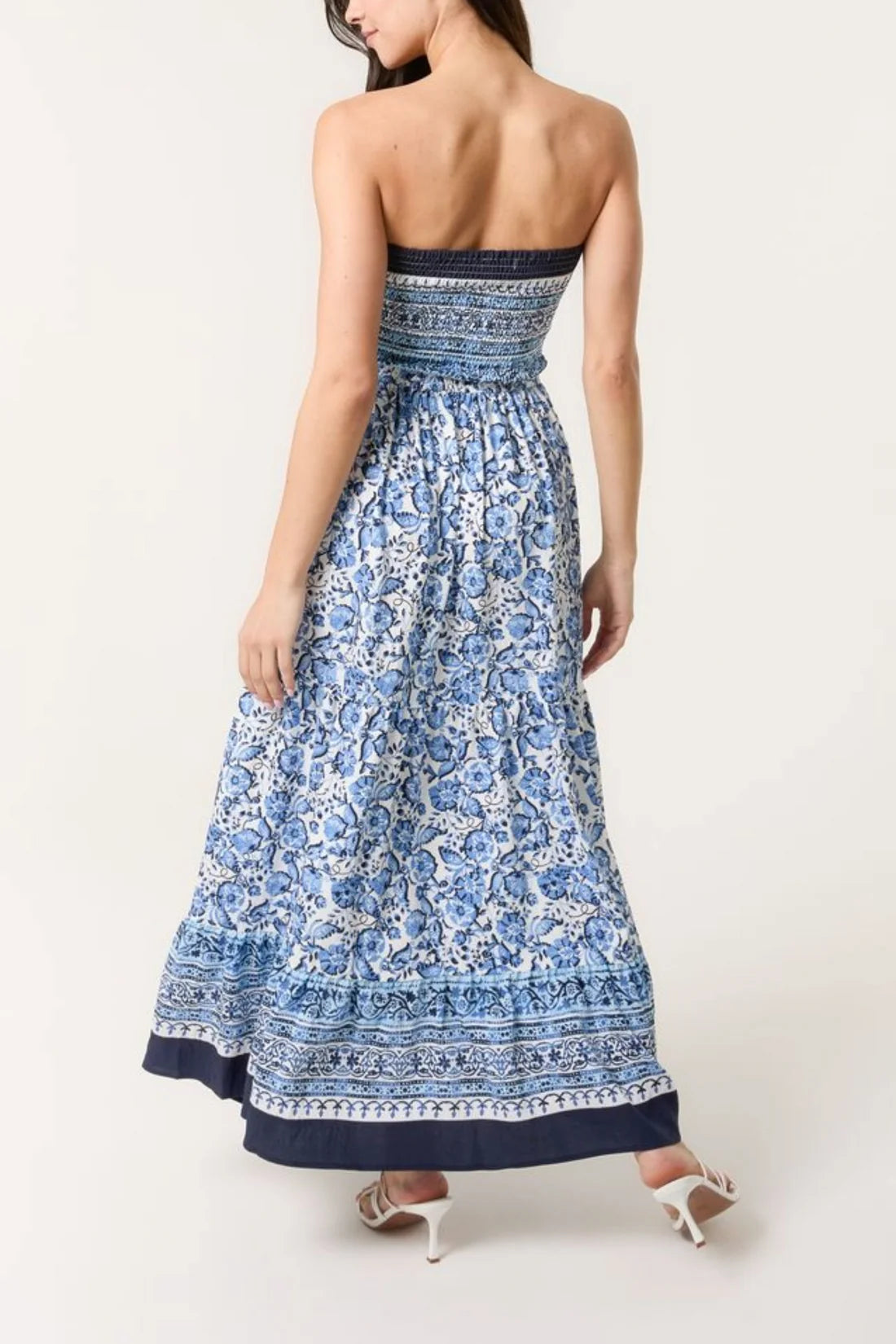 Blue Floral Print Shirred Bust Bandeau Dress