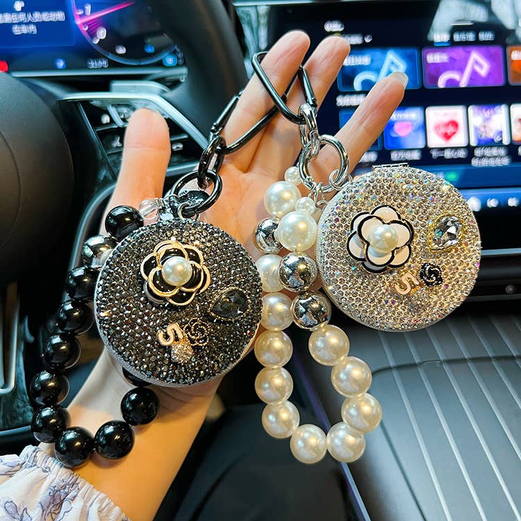 Black Beaded Round Camelia Keychain with Mirror