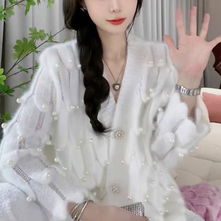 White Mermaid themed cardigan with pearls detail:
