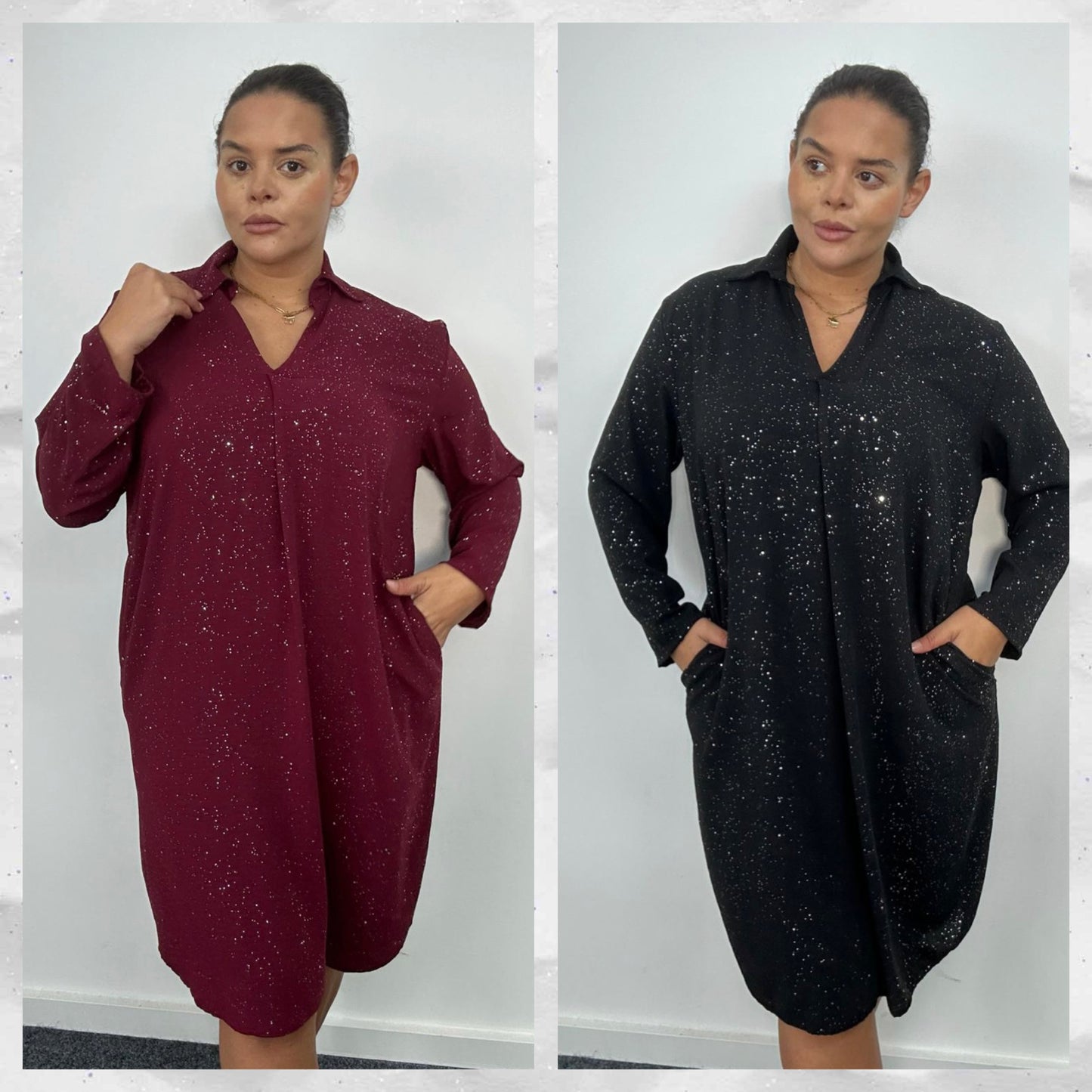 Plus Size Shimmer Long Sleeve Shirt Dress with Pockets