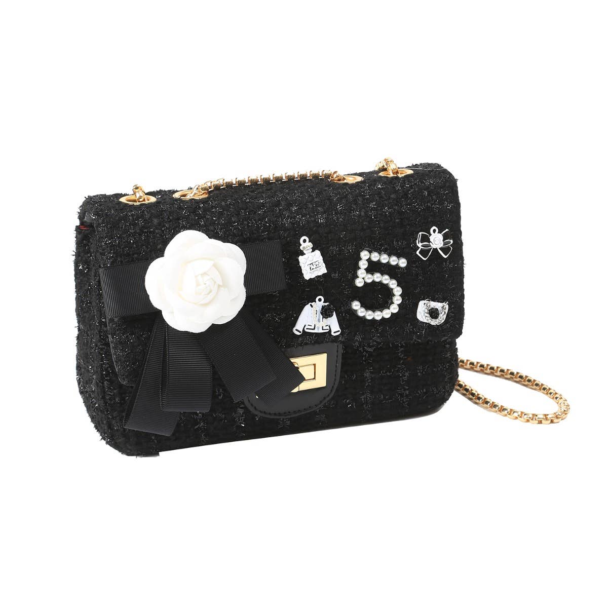 Jewelled Tweed Handbag in Black