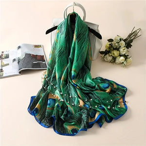 Green Peacock Feather Print Silk Feel Scarf