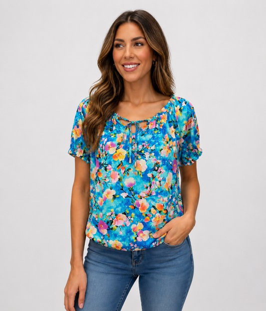 Anita Blue Floral Top with Tie Neck Detail