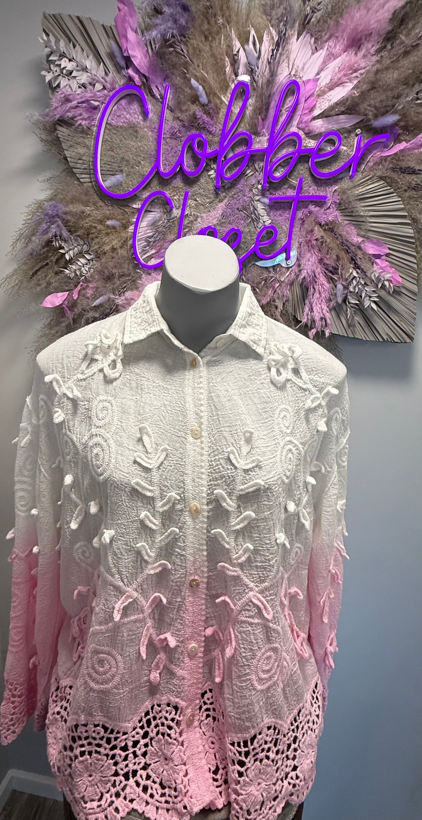 Freya Petal Embossed Dip Dye Crochet Trim Shirt